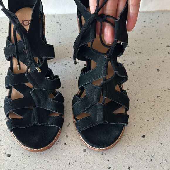 UGG Harris Black Suede Strappy Stacked Block Heeled Sandals Women’s Size 11 EUC - Picture 12 of 16